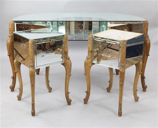 A 1930s mirrored walnut dressing table & pair cabinets